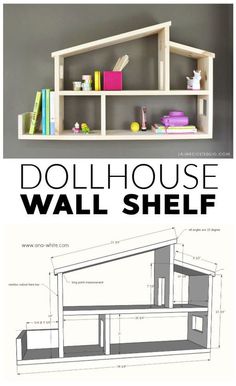 the dollhouse wall shelf is made out of wood and has shelves with bookshelves