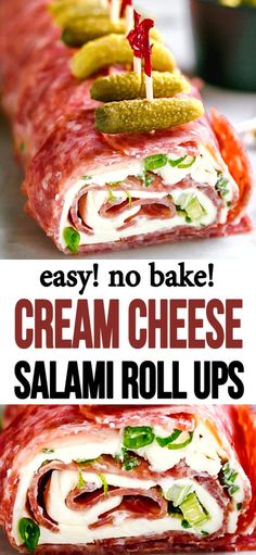 two pictures with the words easy no bake cream cheese salami roll ups on them