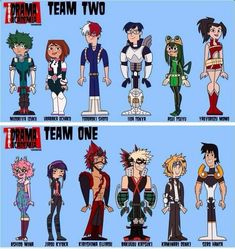 an image of cartoon characters that are in the same line up for team two and team one