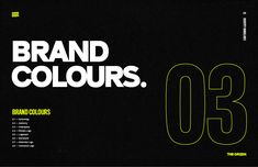 an advertisement for brand colours, with the number three in yellow and black on it