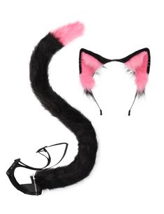 a cat tail with pink fur and black metal fittings on the ends, attached to a headband