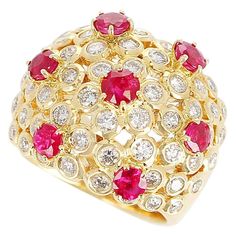 For Sale on 1stDibs - A Seven Round Ruby and Round Diamond Cocktail Cluster Ring in 18K Yellow Gold 7 Stone Rubies Total Weight: 17.20 grams. Ruby And Diamond Ring, Gold Cocktail, Bezel Set Diamond, Ruby Diamond, Types Of Rings, Cluster Ring, Cocktail Rings, Round Diamond, Round Diamonds