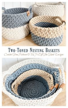 two crocheted nesting baskets sitting on top of a wooden table