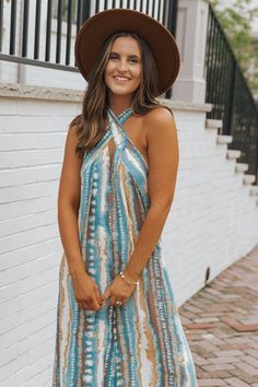 Teal Print Cross Front Halter Jumpsuit - Magnolia Boutique Trendy Jumpsuit, Halter Jumpsuit, Beach Vacations, Wide Brimmed Hats, Brim Hat, Halter Neckline, Fit Style, Wide Leg Jumpsuit, Show Up