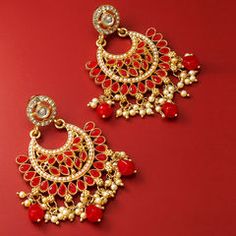 Gold Rodium Polish Red and Maroon color Earrings in Metal Alloy studded with Kundan, Pearl Fancy Jewellery Designs, Chandbali Earrings, Alloy Earrings, Fancy Jewellery, Stone Studs, Maroon Color, Metal Earrings, Online Earrings, Red Gold