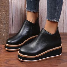 Chic Women's Black Platform Wedge Ankle Boots - Casual and Trendy Footwear for Everyday Wear 2024 - $24.99 Trendy Footwear, Black Platform Wedges, Platform Wedge Heels, Winter Ankle Boots, Wedge Ankle Boots, Boots Winter, Black Platform, Platform Wedge, Leather Zipper