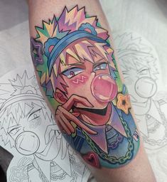 Cartoon Show Tattoos, Colorful Anime Tattoo, Bakugou Tattoo, Colorful Tattoo Ideas, Cartoon Tattoo Ideas, Canvas Tattoo, Cupcake Tattoos, Animated Shows