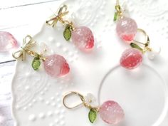 "pink glass strawberry drop earrings with cute white flower and green leaf Material: glass strawberry, acrylic leaf and flower, gold plated stud or hook drop length: about 1.5\" Contains small parts. Use caution when giving to young children less than Age 3 Please keep them away from moisture. If you have any questions, please feel free to contact me. Thanks :)" Pink Strawberry Print Earrings For Gift, Pink Strawberry Print Earrings As Gift, Cute Pink Jewelry With Strawberry Print, Cute Pink Strawberry Print Jewelry, Strawberry Drop, Earrings Food, Strawberry Earrings, Peach Earrings, Food Earrings