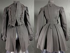 A smart Edwardian antique fashion ladies coat, dating to the early 1900s. One piece, in sturdy black wool with a smooth finish, fastening at centre front with hooks. The coat is fitted at the waist, the front loose ' pigeon ' style, the back fitted, with a flaring peplum / skirt. Military styling, the front edged with a stitched band creating a stiff rib effect, also forming the collar. To each side layed on pieces, cut to squared points, each with a small applied passementerie piece, circular w Ladies Coat, Peplum Skirt, Antique Fashion, Black Wool Coat, Old Dresses, Military Style, Early 1900s, Military Fashion, Black Wool