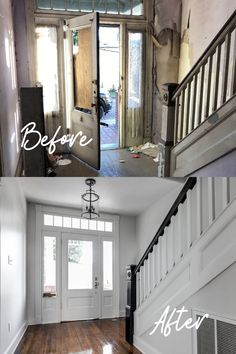 before and after photos of a home's entryway with wood floors, white painted walls and doors