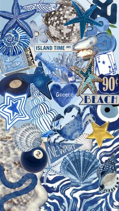 an ocean themed collage with starfish, seashells and other things on it