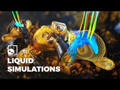 two small plastic turtles sitting on top of some rocks and gravel with the words liquid simulations above them