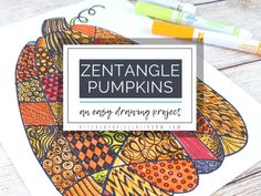 an adult coloring book with the title, zentangleng pumpkins an easy drawing project