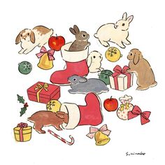 a drawing of christmas presents with rabbits and other animals around the holiday gifts in red boots