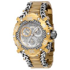 This impressive Invicta Gladiator watch features a precise Quartz movement as well as a 0.5796 carats of real diamonds, all in a solid steel, gold case. Its gold, silver, white, pave, metal dial is enclosed by a highly protective Flame Fusion Crystal. This watch is finished by a strong gold, steel, stainless steel band, and it offers 200 m water resistance. Bringing the spirit of Hercules into the realm of mankind, the Invicta Gladiator Reserve collection is clad with the armor and skill to crea Erica Mena, Invicta Watches Women, Neat Gadgets, Nice Watches, Premium Watches, Invicta Watches, Unisex Watches, Gold Case, Women's Watch