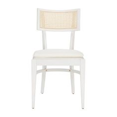 a white chair with wicker backrest and seat padding on the side, against a white background