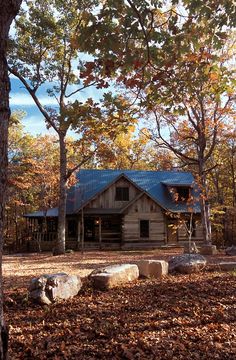 an old log cabin in the woods surrounded by autumn leaves and trees with blue roof