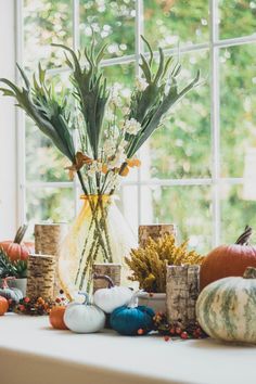 a vase filled with flowers sitting on top of a window sill next to pumpkins