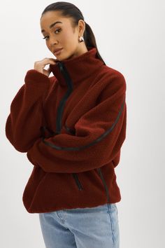 Perfect for weekends on the go, the HELSA half-zip pullover takes the athleisure aesthetic to tasteful new heights. The texture of the fluffy polar fleece is contrasted with faux-leather piping throughout, producing a closet must-have for tackling cold weather this season. Fleece Sweater Women, Fleece Jacket Outfit, Athleisure Aesthetic, Fleece Outfit, Patchwork Hoodie, Winter Shopping, Winter Outfits Cold, Cozy Winter Outfits, Fashion Aesthetics