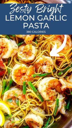 lemon garlic pasta with shrimp and asparagus in a skillet