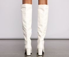 Trendy White Knee-high Heeled Boots, Trendy White Thigh High Boots, Trendy White Knee-high Boots, White Knee-high Boots For Fall, White Pointed Toe Knee-high Boots For Fall, White Faux Leather Knee-high Boots For Fall, White Wide Calf Knee-high Boots For Fall, Trendy White Wide Calf Knee-high Boots, White Faux Leather Knee-high Boots For Spring