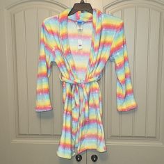 Plush Multi Colored Rainbow Robe Loose Fitting Sleeves Soft Plush Fabric Waistline Tie Closure Collared Neck 100% Polyester Multi Colored With Star Print And Shimmer Accents. Size: Large 14/16 Pajama Robe, Plush Fabric, Kids Sleep, Kids Pajamas, Star Print, Soft Plush, Multi Colored, Red And Blue, Pajamas