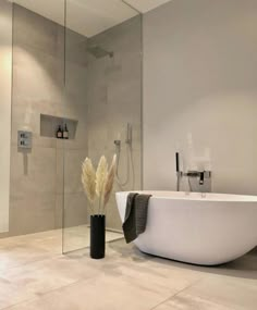 a white bath tub sitting next to a walk in shower