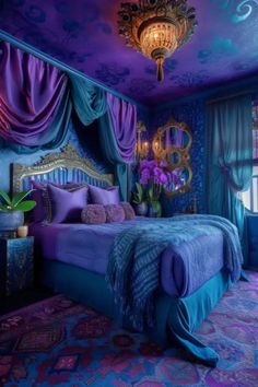 25 Chic Blue and Purple Bedroom Ideas for a Unique Sleep Space Blue And Purple Bedroom, Boho Bedroom Design, Fantasy Bedroom, Purple Bedrooms, Feminine Bedroom, Fantasy Rooms, Dark Home Decor, Bedroom Bliss