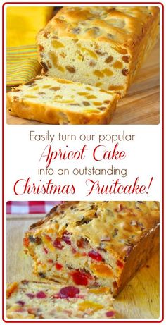 an advertisement for christmas fruitcake with the words, easy turn our popular apricot cake into an outstanding christmas treat