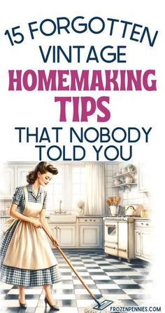 a woman cleaning the floor with a mop in her hand and text that reads 15 forgotten vintage homemaking tips that nobody told you