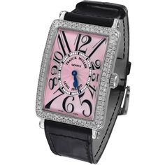 Dramatic "Long Island" watch. Made and signed by FRANCK MULLER. Brilliant pink guilloche dial. Surrounded by diamonds; with original diamond buckle. Elegantly curved rectangular shape hugs the wrist. Stainless steel. Black alligator original band. Precision quartz movement. The Long Island watch was made to pay tribute to the Art Deco movement. This watch is strikingly beautiful. Alice Kwartler has sold the finest antique gold and diamond jewelry and silver for over forty years. Franck Muller Watches, Franck Muller, Art Deco Movement, Gold Case, Swiss Watches, Luxury Watch, Long Island, Jaeger Watch, Quartz Movement