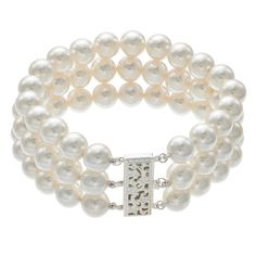 Three rows of near-round freshwater cultured pearls give this sterling silver bracelet timeless appeal. Click on this JEWELRY & WATCHES GUIDE to learn about fit, styles, materials and more!BRACELET DETAILS Length: 7.5 in. Clasp: safety Metal: sterling silver Plating: rhodium Packaging: boxed CULTURED PEARL DETAILS Type: freshwater Shape: near-round Size: 6-7 mm Color: white Gemstones may have been treated to enhance their appearance. Special care may be required. Please visit our Gemstone Treatm Timeless Silver Pearl Jubilee Bracelet, Pearl Bracelet With Sterling Silver Clasp And Round Beads, Elegant Pearl Bracelet With Sterling Silver Clasp, Formal Pearl Bracelet With Sterling Silver Clasp, Elegant Round Pearl Bracelet With Sterling Silver Clasp, Elegant Formal Pearl Bracelet With Sterling Silver Clasp, Elegant Sterling Silver Bracelet With Round Beads, White Beaded Bracelets With Oyster Style For Formal Occasions, Timeless Silver Pearl Bracelet For Formal Occasions