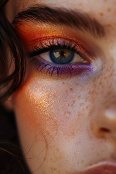 Sunset Splendor Eyeshadow Ideas For Wedding Orange Themed Makeup, Orange Eyeshadow Makeup Looks, Orange Red Eyeshadow Looks, Summer Makeup Blue Eyes, Summer Festival Makeup, Vibrant Eye Makeup, Golden Hour Makeup Looks, Orange And Gold Makeup