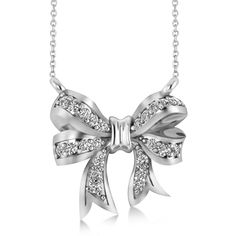 Express your affinity for everything nautical with this stunning Diamond Ribbon Bow Pendant/Necklace which is fashioned in 14k White Gold. The stone setting is prong of G-H color and SI1-SI2 clarity, weighing a total of 0.23 carats. To know more visit Allurez's store now. #diamondnecklace #diamondnecklaces Diamond Bow Jewelry For Weddings, Luxury Silver Jewelry With Bow Detail, Elegant Jewelry With Decorative Bow For Anniversary, Luxury Silver Jewelry With Bow, Diamond Jewelry With Bow For Anniversary, Luxury Diamond Bow Jewelry, Elegant Diamond Jewelry With Bow Detail, Formal Sterling Silver Ribbon Jewelry, Fine Jewelry Anniversary Bow Jewelry