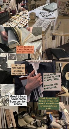 a collage of books, papers and other items