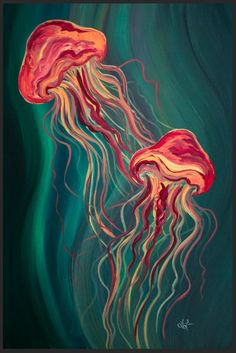 two jellyfishs are floating in the ocean water, with green and red colors