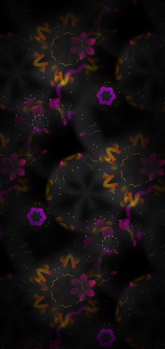 an abstract background with purple and yellow flowers on a black background for wallpaper or fabric