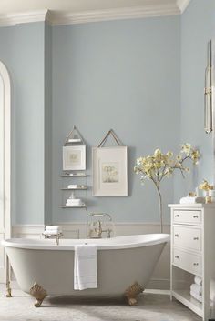 bathroom decor, bathroom interior design, bathroom makeover, bathroom renovation Relaxing Bathroom Paint Colors, Grey Paint Colors For Bathroom, Sw Serenely Paint Color, Gray Vanity Bathroom Paint Colors Master Bath, Misty Sherwin Williams, Blue Gray Bathroom Ideas, Morning Fog Sherwin Williams, Maine Bathroom, Relaxing Bathroom Colors