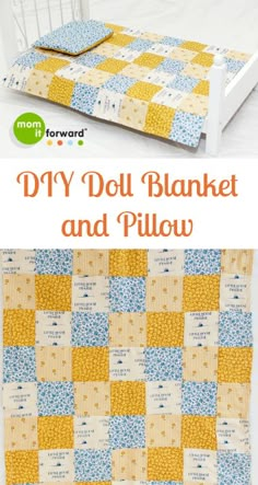 the diy doll blanket and pillow pattern is shown in blue, yellow and white