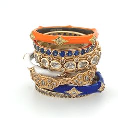 18K Yellow Gold and Sterling Silver Crivelli Stack Band in Orange Enamel with Round White Brilliant Diamonds. (0.02 TCW) Dimensions: Band Width 0.12" (3.2mm) Champagne Diamond, Green Enamel, Brilliant Diamond, Band Ring, Diamond White, Blue Sapphire, Band Rings, Beautiful Jewelry, Diamonds