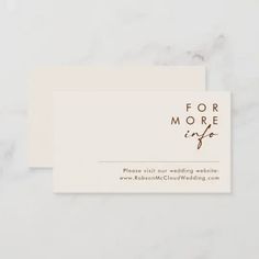 two white business cards with the words for more info on them, sitting next to each other