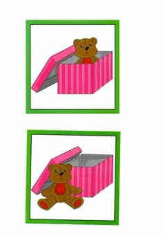 two pictures of teddy bears in a pink and green box