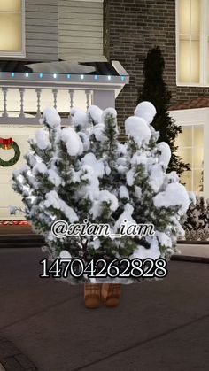 a snow covered tree in front of a house with the words dream lawn on it