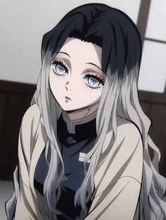 an anime character with long grey hair and blue eyes