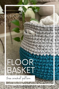 a crocheted basket sitting on top of a floor next to a planter