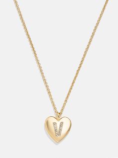 variant:V Valentine's Day Gold-tone Charm Necklace, Gold-tone Charm Necklaces For Valentine's Day, Gold-tone Heart Pendant Necklace For Valentine's Day, Valentine's Day Heart Charm Initial Pendant Necklace, Gold Heart Initial Necklace With Heart Charm, Gold Initial Necklace With Heart Charm, Gold Heart Initial Necklace For Anniversary, Gold Heart Initial Pendant Necklace For Valentine's Day, Yellow Gold Heart Initial Necklace For Valentine's Day