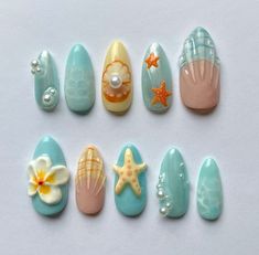 not mine くコ:彡 Soft Beach Nails, Nails Design Trending, Ocean Summer Nails, Beach Ocean Nails, Oceancore Nails, Cute Ocean Nails, 2024 Nails Summer, Beach Gel Nails Ideas, Coral Reef Nails