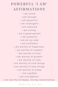 a pink and white poster with the words powerful i am affirmations on it