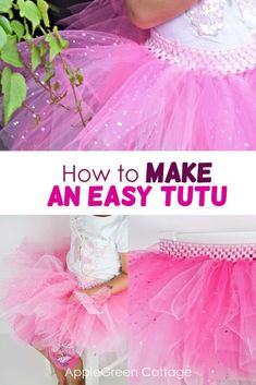 an easy tutu skirt made out of pink tulle and sequins with text overlay that says how to make an easy tutu tutu