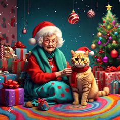 an old woman sitting next to a cat with christmas decorations on the ground behind her